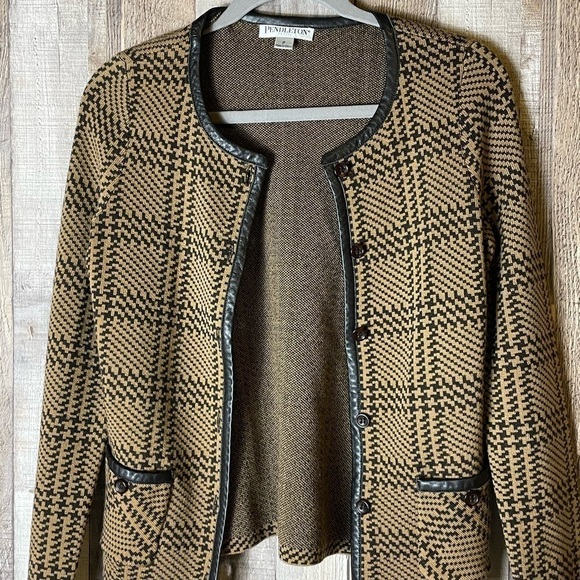 Pendleton brown merino wool leather trim buttoned cardigan - Picture 6 of 10